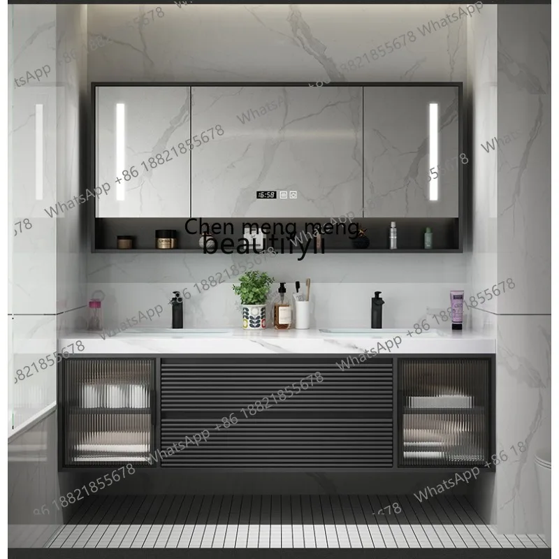 Light Luxury Minimalist Rock Plate Double Wash Basin Solid Wood Smart Bathroom Cabinet Set Combination Washroom Washstand