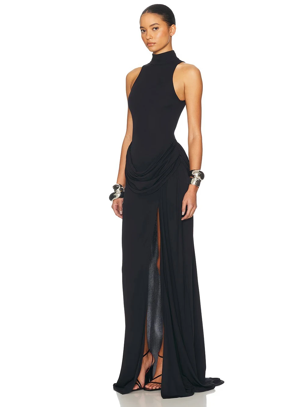 2025 جديد مثير شق عارية الذراعين معلقة الرقبة أنيقة أبيض أسود مطوي شق فستان طويل موضة نادي رداء حفلات #2