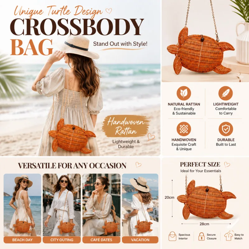 Women Handbag Turtle Shape Straw Crossbody Bag Handwoven Natural Mini Shoulder Bag For Women Summer Beach Vacation Travel Gift