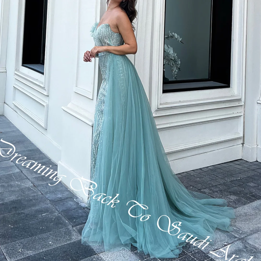 Exquisite Sequined Beading Strapless Floor Length Straight Evening Dress Organza One Shoulder Sweep Train Vestido De Festa