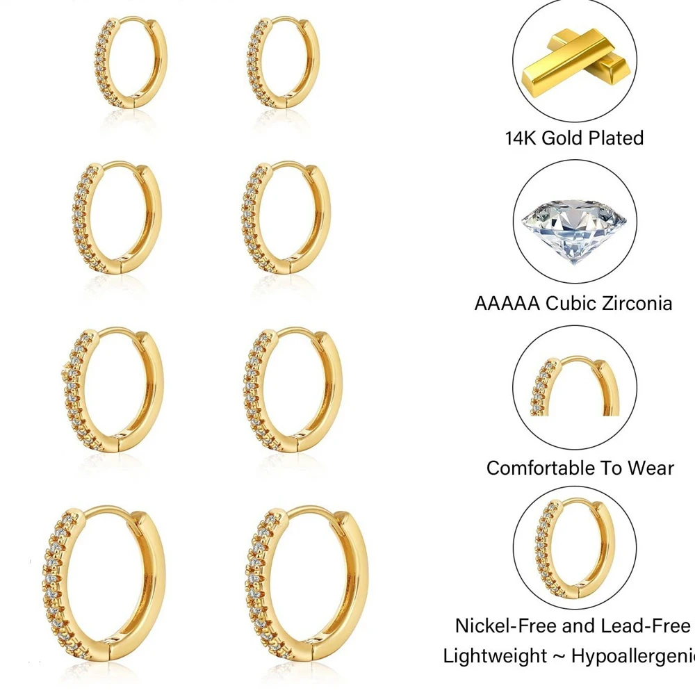 Small Gold Hoop Earrings Set for Women, 14K Gold Plated Tiny Dainty Lightweight CZ Huggie Earrings Cartilage Earring Jewelry