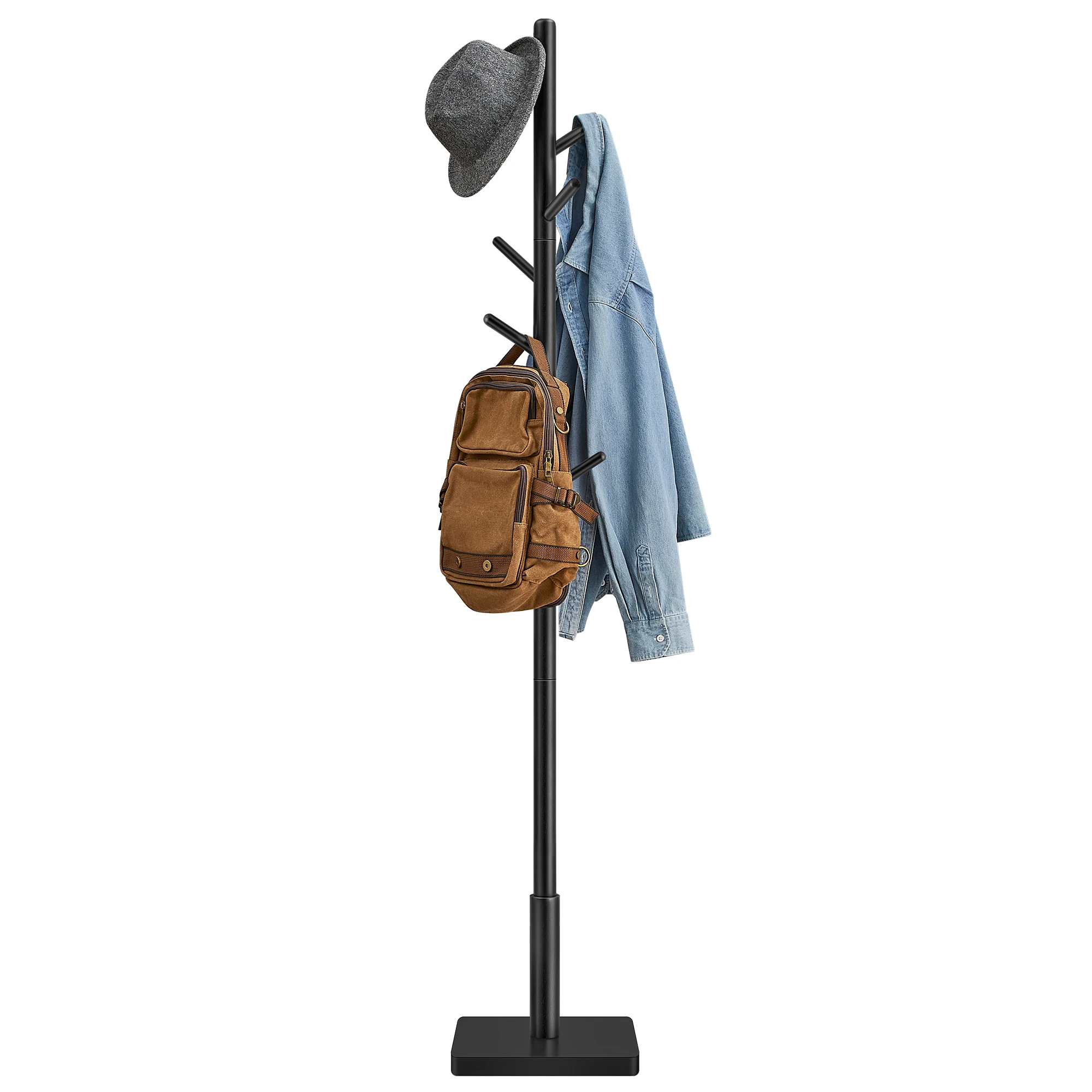 

VASAGLE Solid Wood Coat Rack, Free Standing Hall Coat Tree with 8 Hooks, 3 Height Options, for Coats, Hats, Bags, Purses