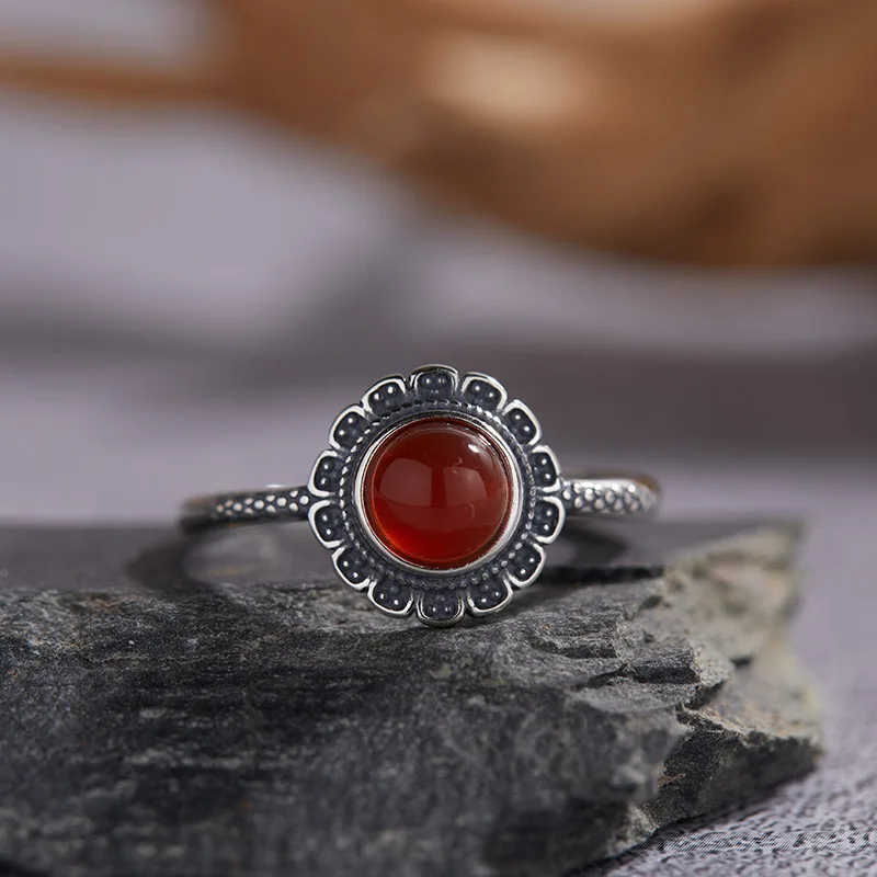New Retro S925 Sterling Silver Ring for Women Natural Agate Color Treasure Flower Thai Silver Ring Fashionable Ethnic Style