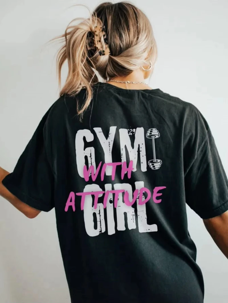 

Summer Hot Women's Gym with Attitude Print Pattern T-shirt with Pink and White Letter Print Short Sleeved Round Neck