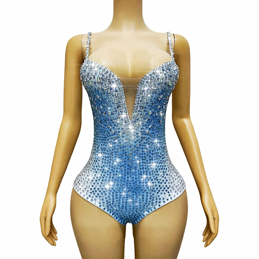 Luxurious Blue Gradient Twinkling Rhinestones Suspenders Bodysuit Women Dancer Singer Performance Party Show Photoshoot Outfit