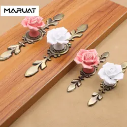 Vintage Furniture Handle Door Knobs Drawer Cupboard Kitchen Pull Handle Rose Flower Ceramic Cabinet Handles Retro Hardware