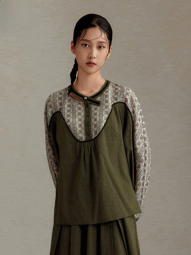 

Retro Floral Embroidery Patchwork Short Shirt Green Grid Vintage Style Women's Pure Cotton Long Sleeve round Neck Shirt