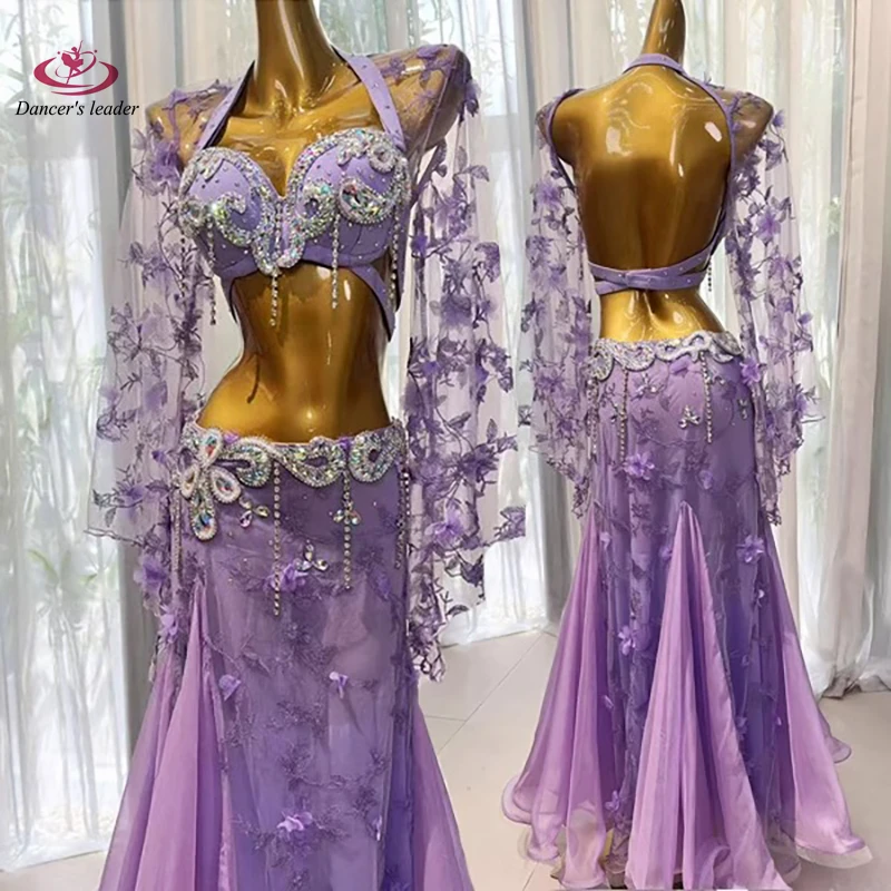 Bauchtanz-Kleid für Erwachsene mit Strasssteinen, High-End-Mesh, Blumenstickerei, professionelle Samba-Kleidung für Damen