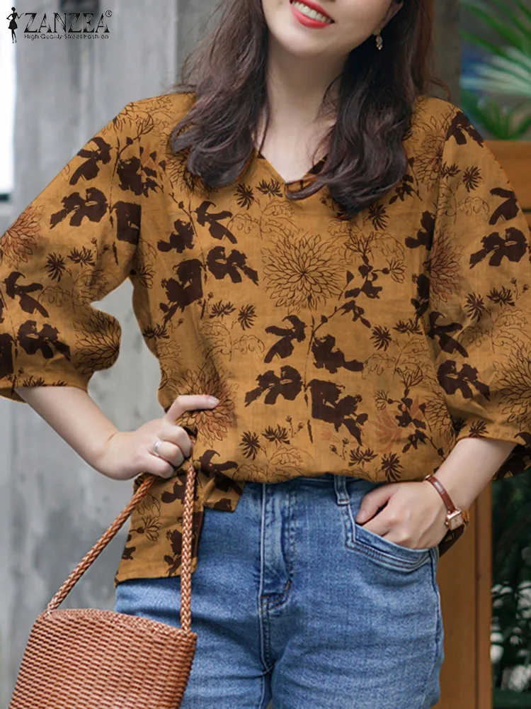 ZANZEA Summer Vintage Floral Blouse Women Bohemain Printed Shirt V Neck 3/4 Sleeve Tops Casual Holiday Blusas Tunic Oversize