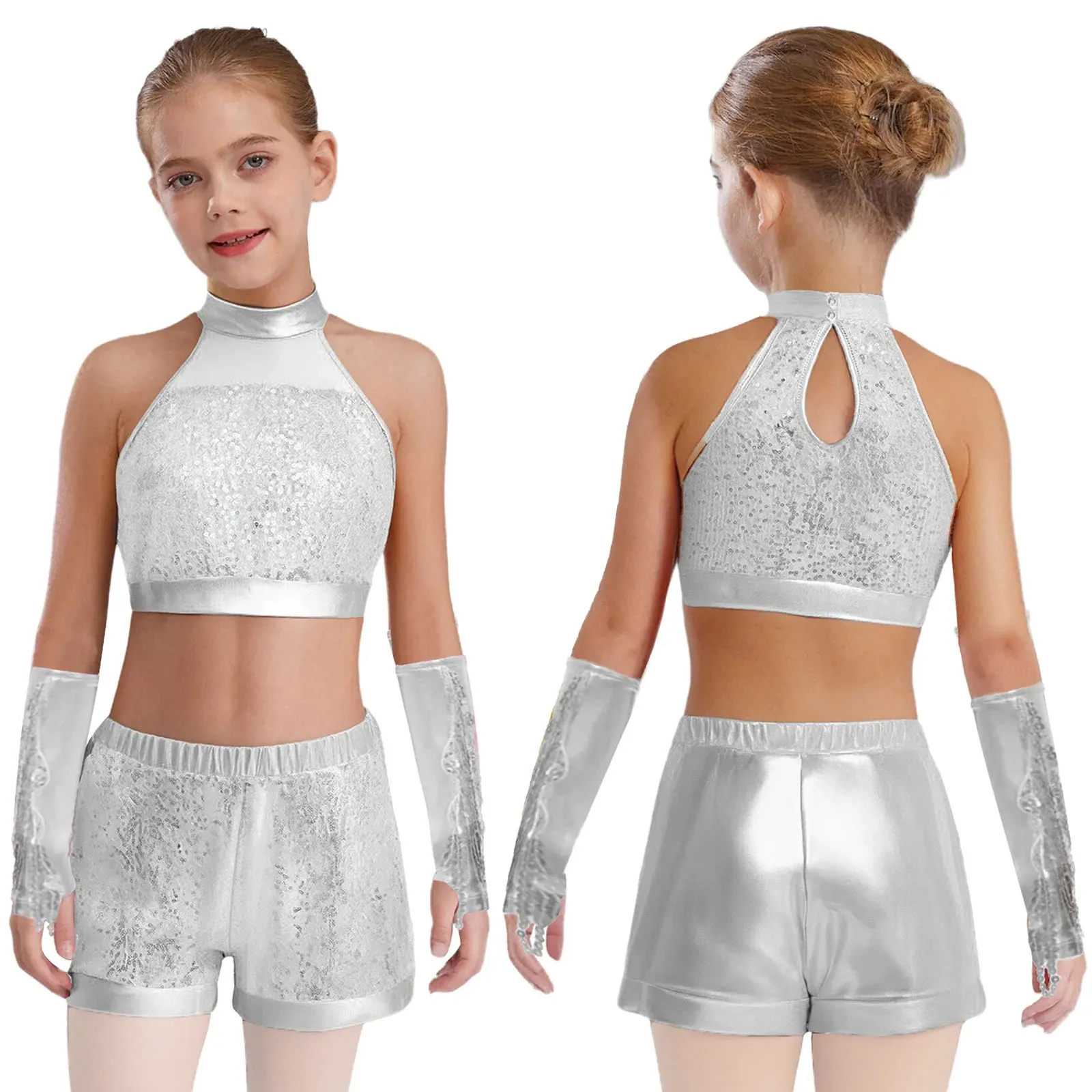 

Kids Girls Jazz Dance Outfit Two Pieces Shiny Sequins Dancewear Sets Crop Top with Shorts Gloves Child Performance Party Costume