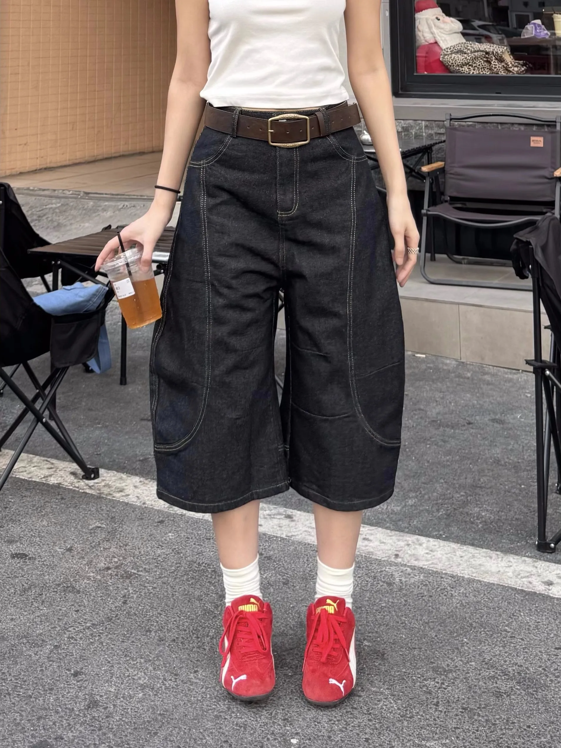 الرجعية الأمريكية Waed فضفاض سكين سبعة أقدام السراويل ex الصيف الشارع CleanFit الصباغة orts واسعة الساق الجينز لباس غير رسمي