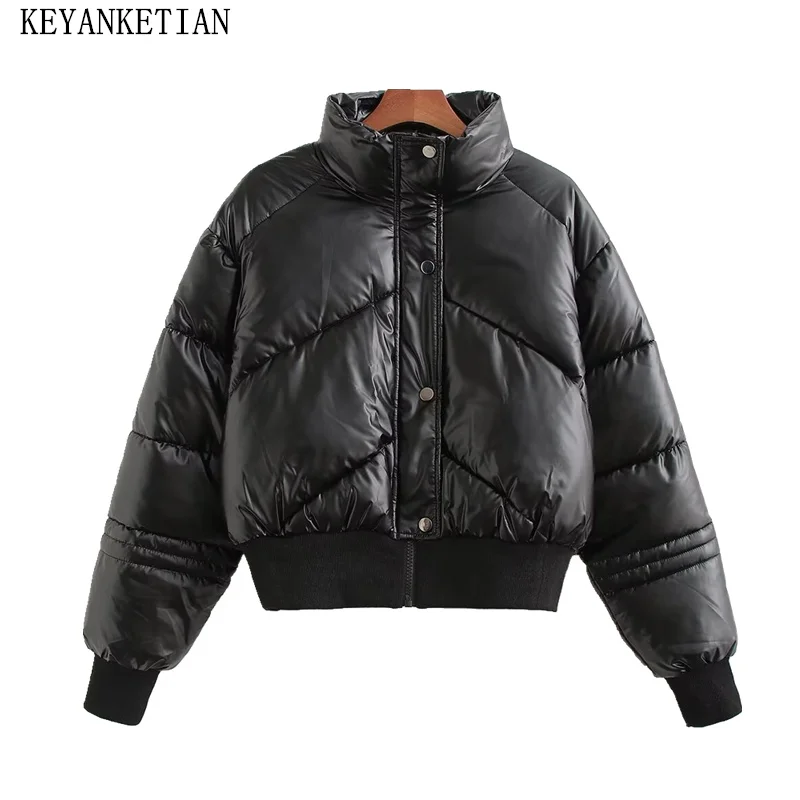 KEYANKETIAN New Women\'s Patent Leather Effect Artificial Leather Quilted Coat Winter Zipper Loose Crop Top Outerwear Blazer