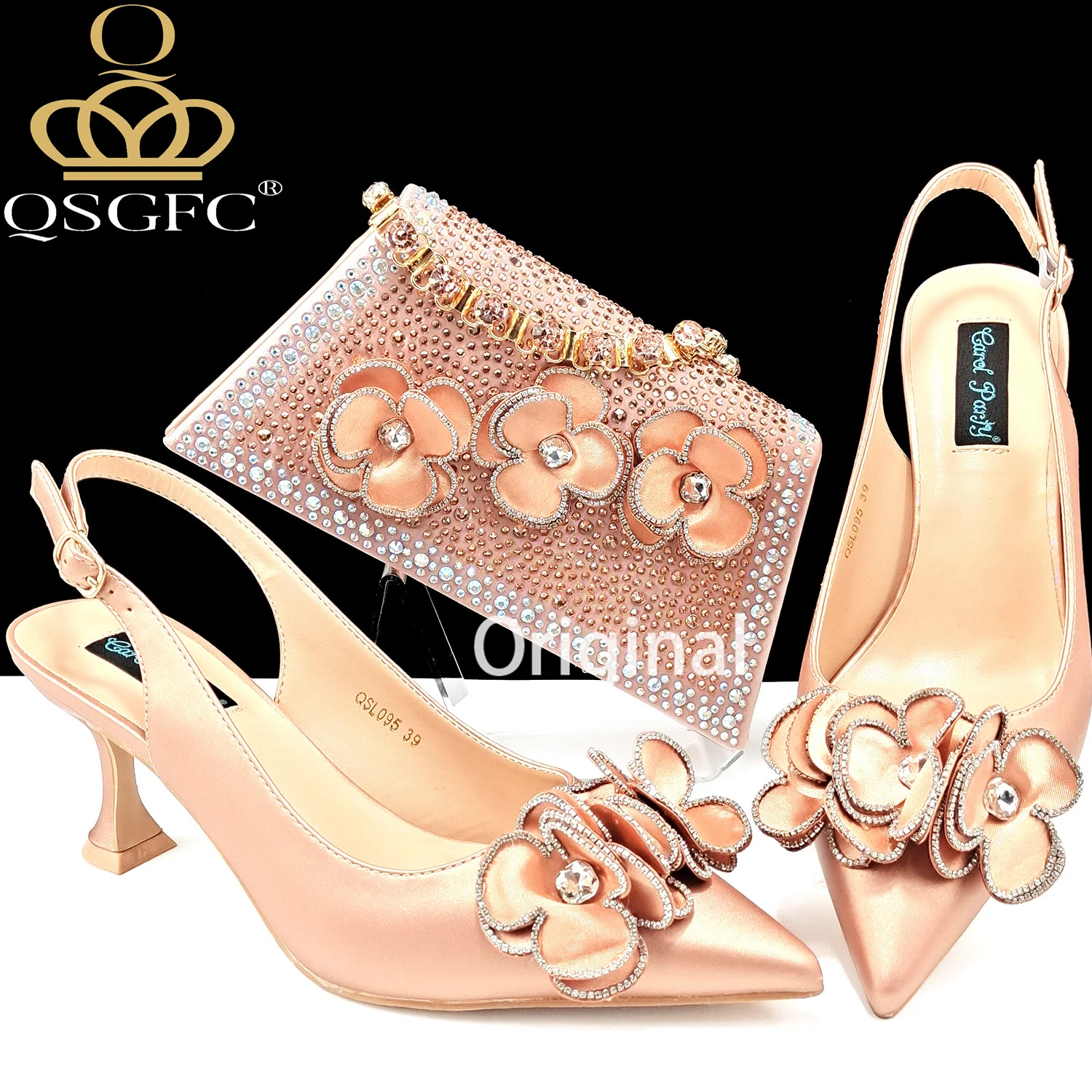 QSGFC Shoes Ladies Heel Decoration Pure Peach Color Elegant Flower Small size Shoes And Bag Full rhinestone Fashion Handbag