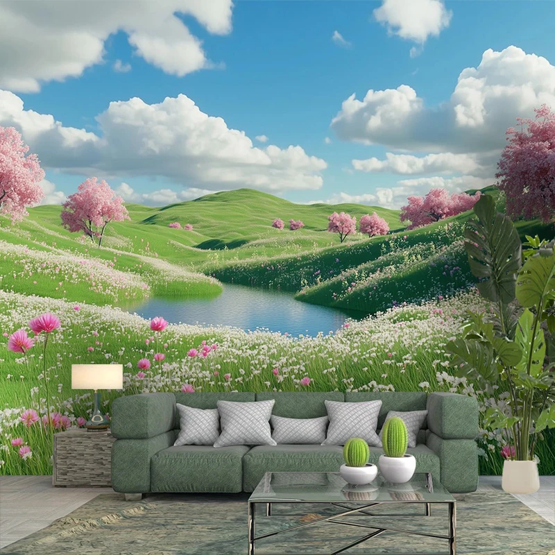 1PC Flower Field Cherry Hill View Print Backdrop Banner, Bedroom Living Room Photo Background, Polyester, Home Decor, Wall Art