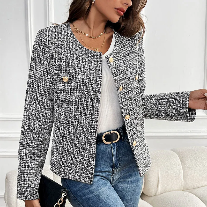 

New Style Women's Autumn and Winter Elegant Loose Metal Button Single-breasted Plaid Coat