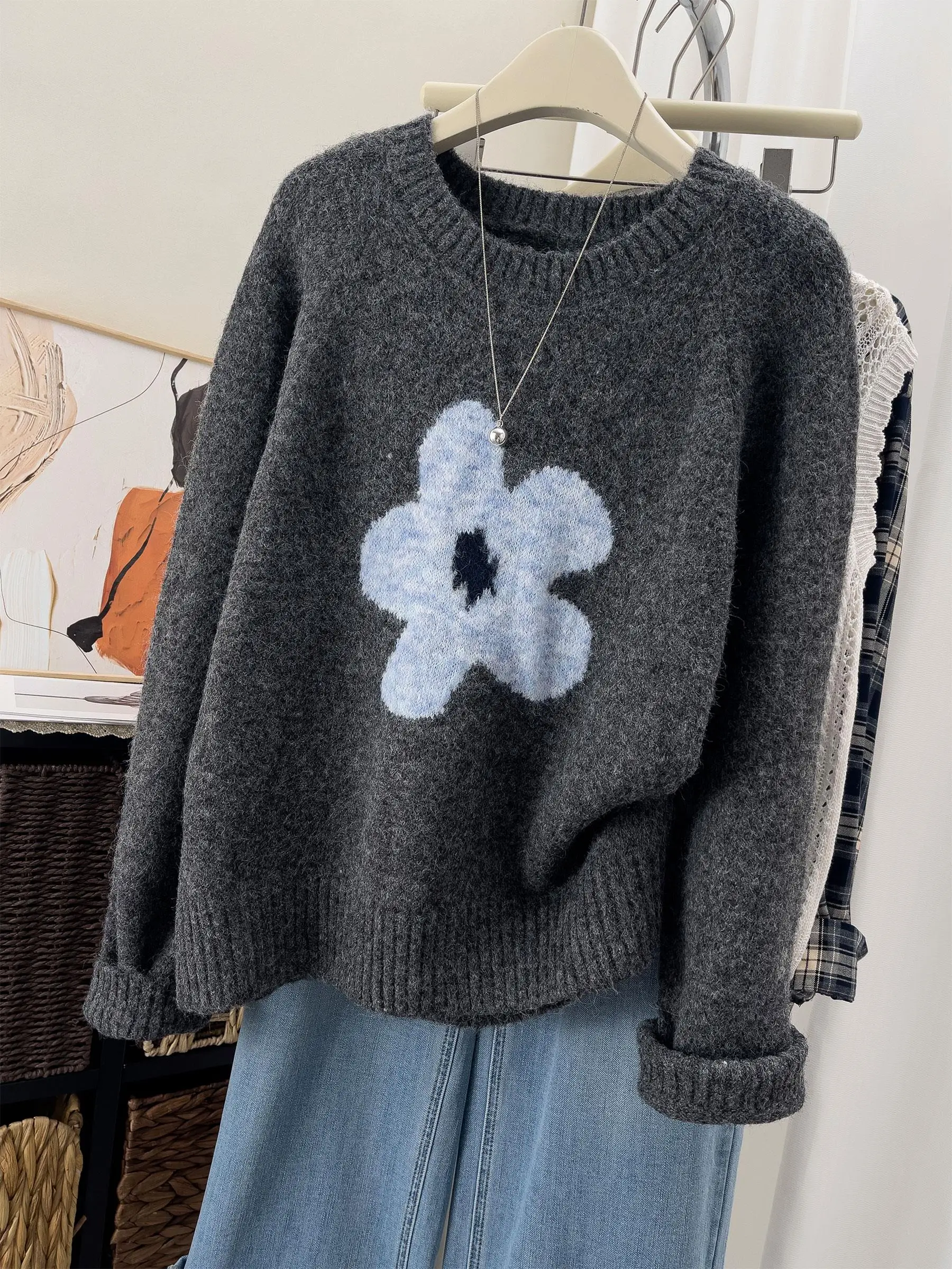 الأزهار متماسكة سترة Jaet المرأة أوائل الخريف جديد Sle الكورية Aosphere أعلى الخريف الشتاء فضفاضة تناسب طويلة Sve جولة Ne #5