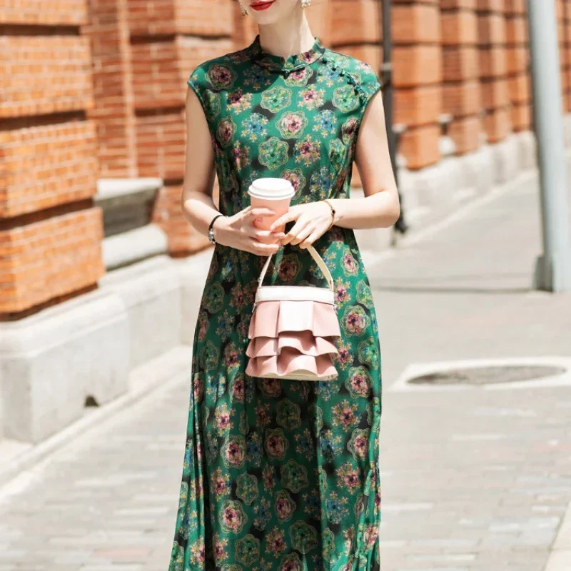 Tajiyane Cheongsam  100% Summer Mulberry Silk Elegant Dress for Women Clothes Midi Dress Fashion Retro Floral Dresses Vestido Zm