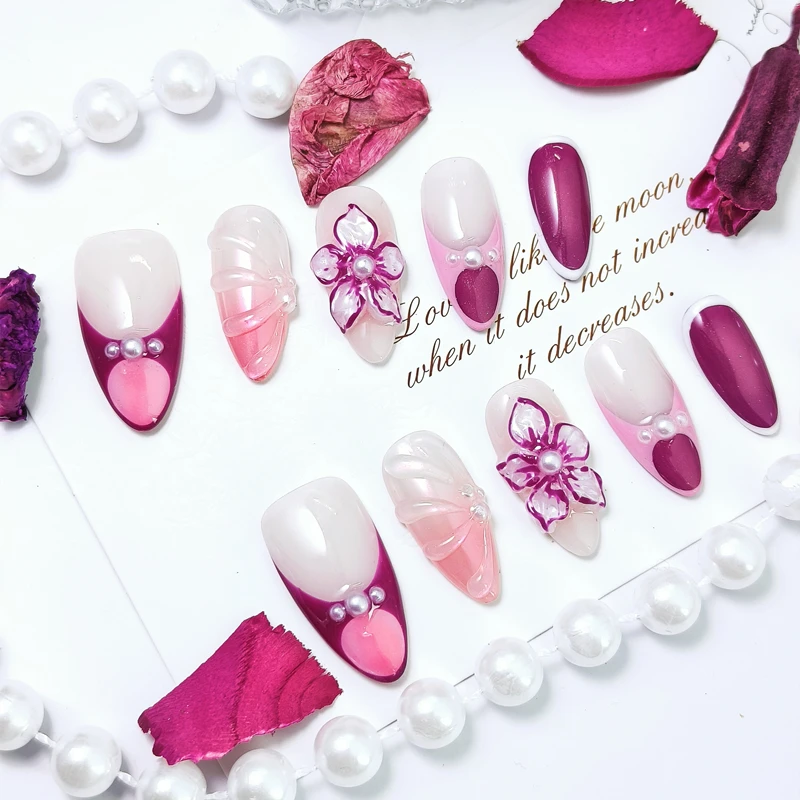 

10PCS Handmade Acrylic Press on Nails Gradient Medium Almond Y2k Fake Nails Full Cover Artificial Flower Charms French Nail Tips