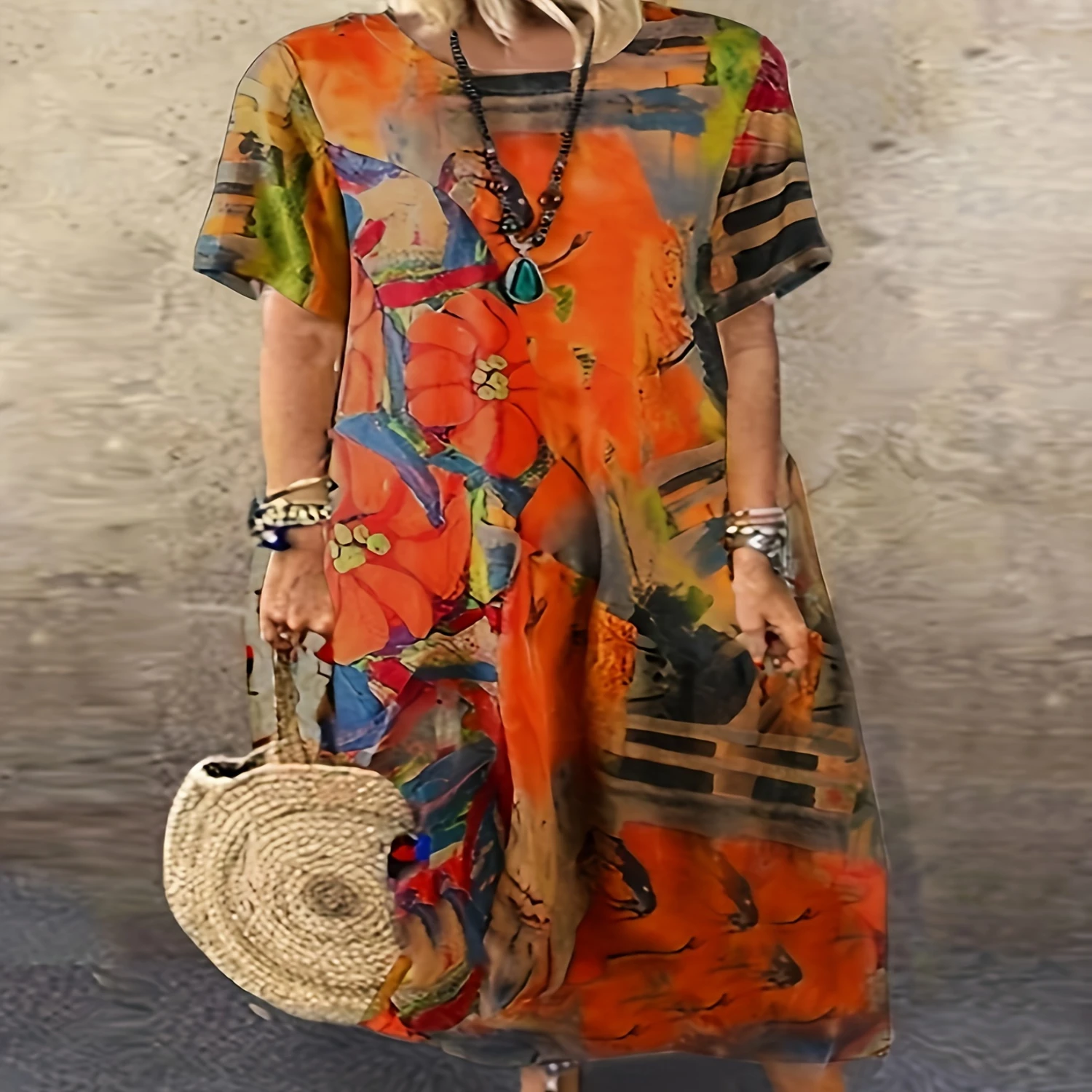 

Floral Print Crew Neck Dress, Casual Short Sleeve Dress For Spring & Summer, Women's Clothing