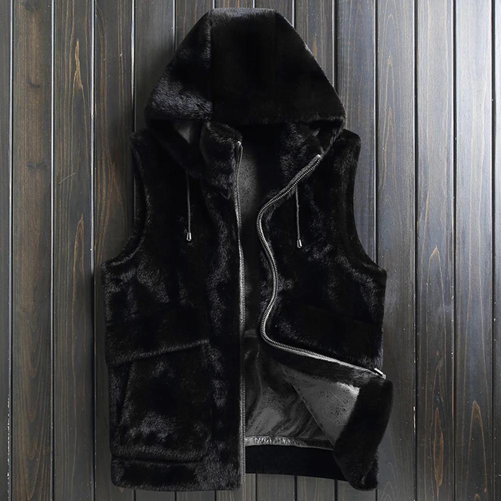 Reversed Mink Fur Leather Vest Coat Men Velvet Waistcoat 5XL Plus Size Hooded Autumn Winter Underwear Weskit European Designer