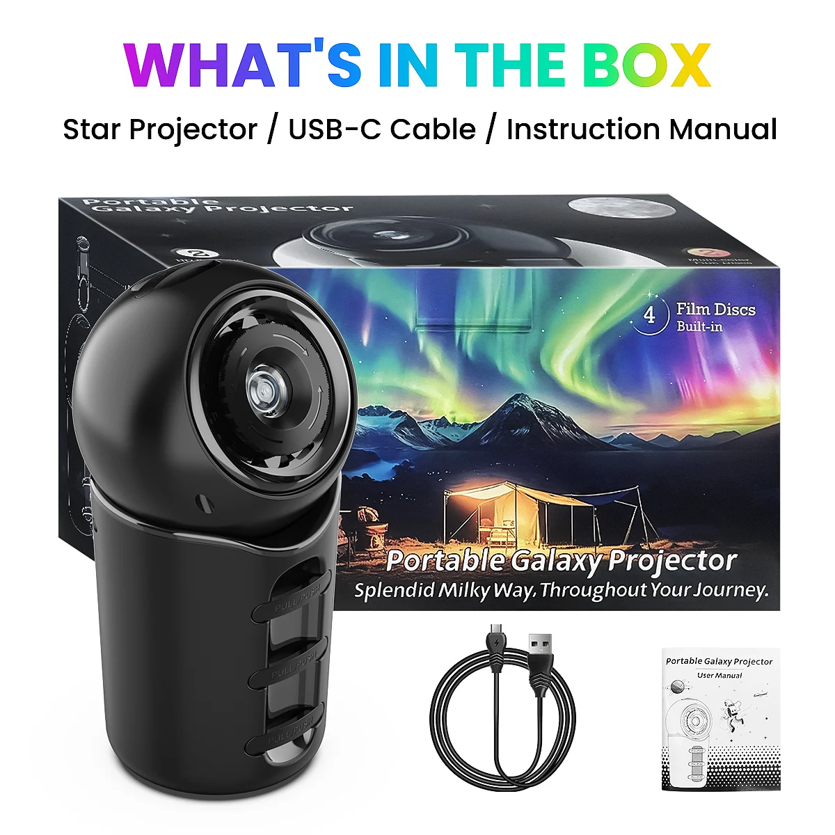 Rechargeable Portable Galaxy Light Projector,4 HD Film Discs and Night Light Projector with Adjustable Focus Lens