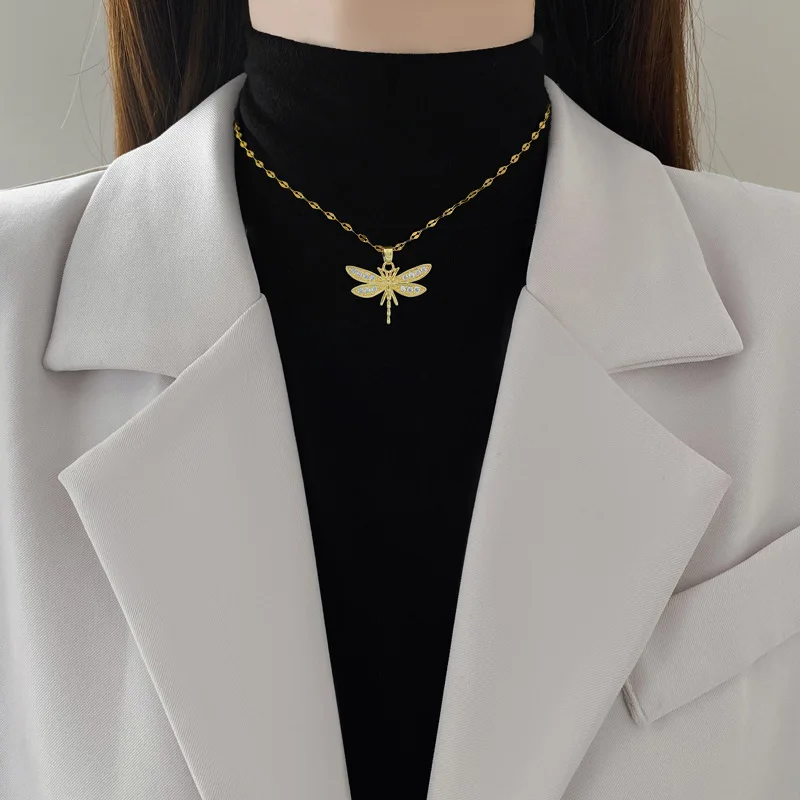 Exquisite Full Zircon Dragonfly Cartoon Pendant Necklace for Women Charm Gold Color Stainless Steel Chokers Korea Jewelry Gift