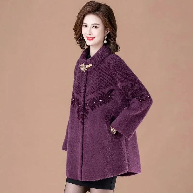 Imitate Mink Velvet Jacket Women 2022 New Autumn Winter Middle-aged and elderly Cardigan Female Loose Casual Woolen Coat Women