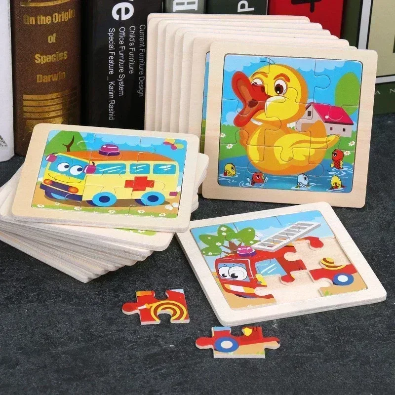 9 Pieces Kids Wooden Board Puzzle Cartoon Animal Traffic Tangram Early Educational Jigsaw Montessori Toys for Children Gifts