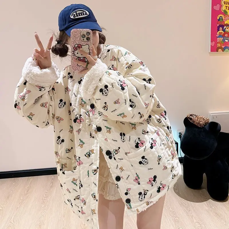 2024 Winter New Reversible Lamb Velvet Jacket Mickey Minnie Floral Printed Kawaii Warm Women Loose Thick Plush Cotton Coat Gifts