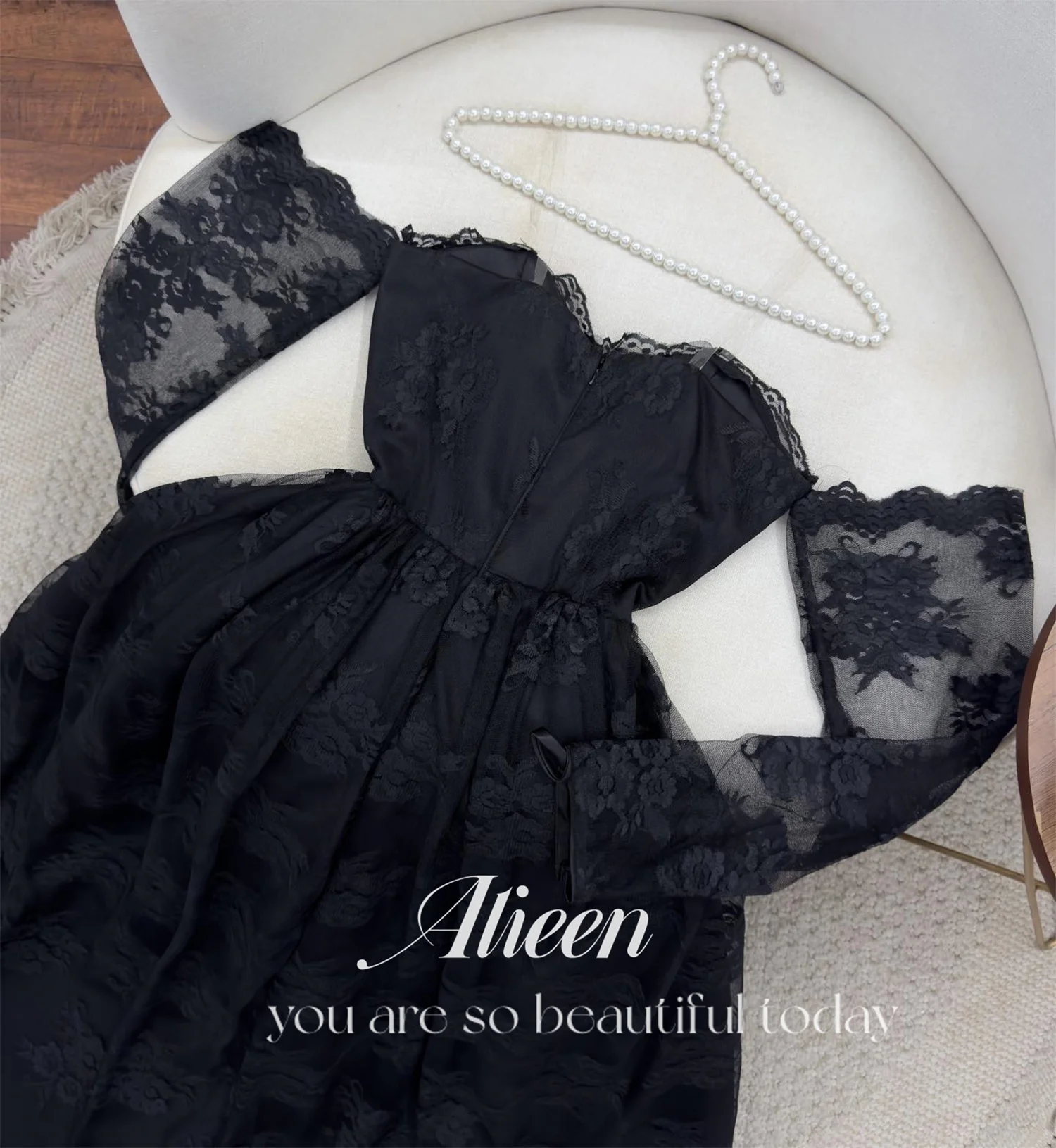 Aileen Sweetheart Long Sleeves Lace Black Wedding Dress Elegant Evening Dresses for Women Luxury Party Woman Prom Customized