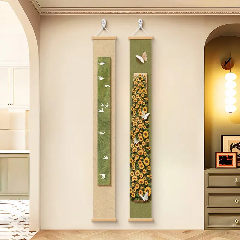 Cottagecore Green Floral Wall Art Scroll Sunflower Butterfly Hanging Painting for Home Entrance Aesthetic Room Decor portable