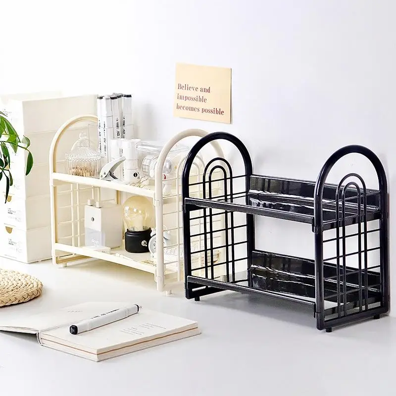 1Pc Double Layer Multi-Functional Plastic Desktop Organizer Shelf For Cosmetics, Bedroom, And Dormitory Accessories