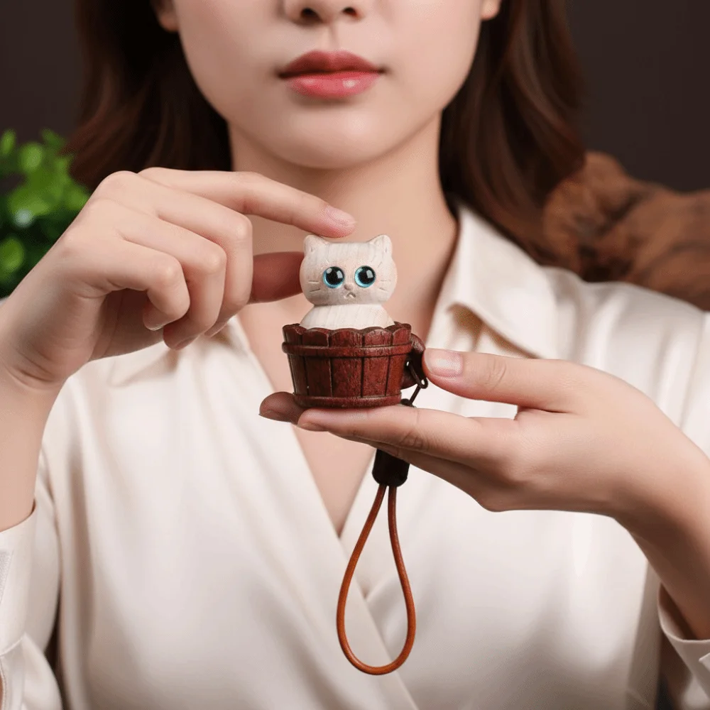 Animal Backpack Charm Miniature Cat Paw Clicker Handmade Cute Wood Carving Charm Wooden Durable Fidget Key Ring Student