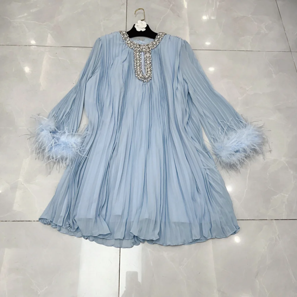 

Spliced Diamonds Mini Dresses Women O Neck Hollow Out Long Sleeve Patchwork Feather Luxury Chic Dress Female