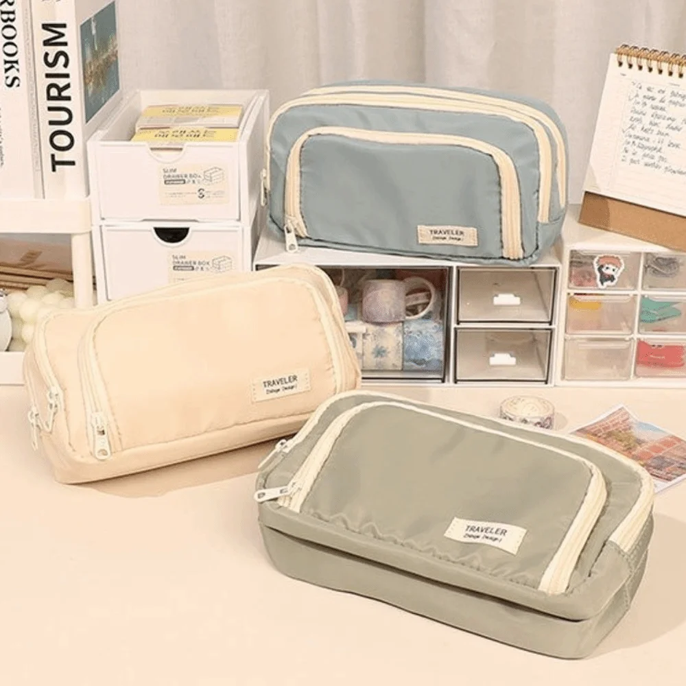 Large Capacity Pencil Case Multi Layer Compartment Oxford Stationery Bag Solid Color Front Window Stationery Box