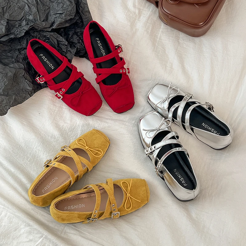 

Pop New Butterfly-knot Women Mary Jane Shoes Elegant Square Toe Dress Ladies Casual Internal Elevation Ballet Shoes