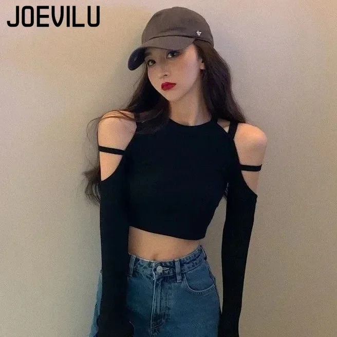 JOEVILU Holllow Out Crop Tops Off Shoulder Sexy Long Sleeve T-shirt Women's Korean Harajuku High Waisted Skinny Bottoming Shirts