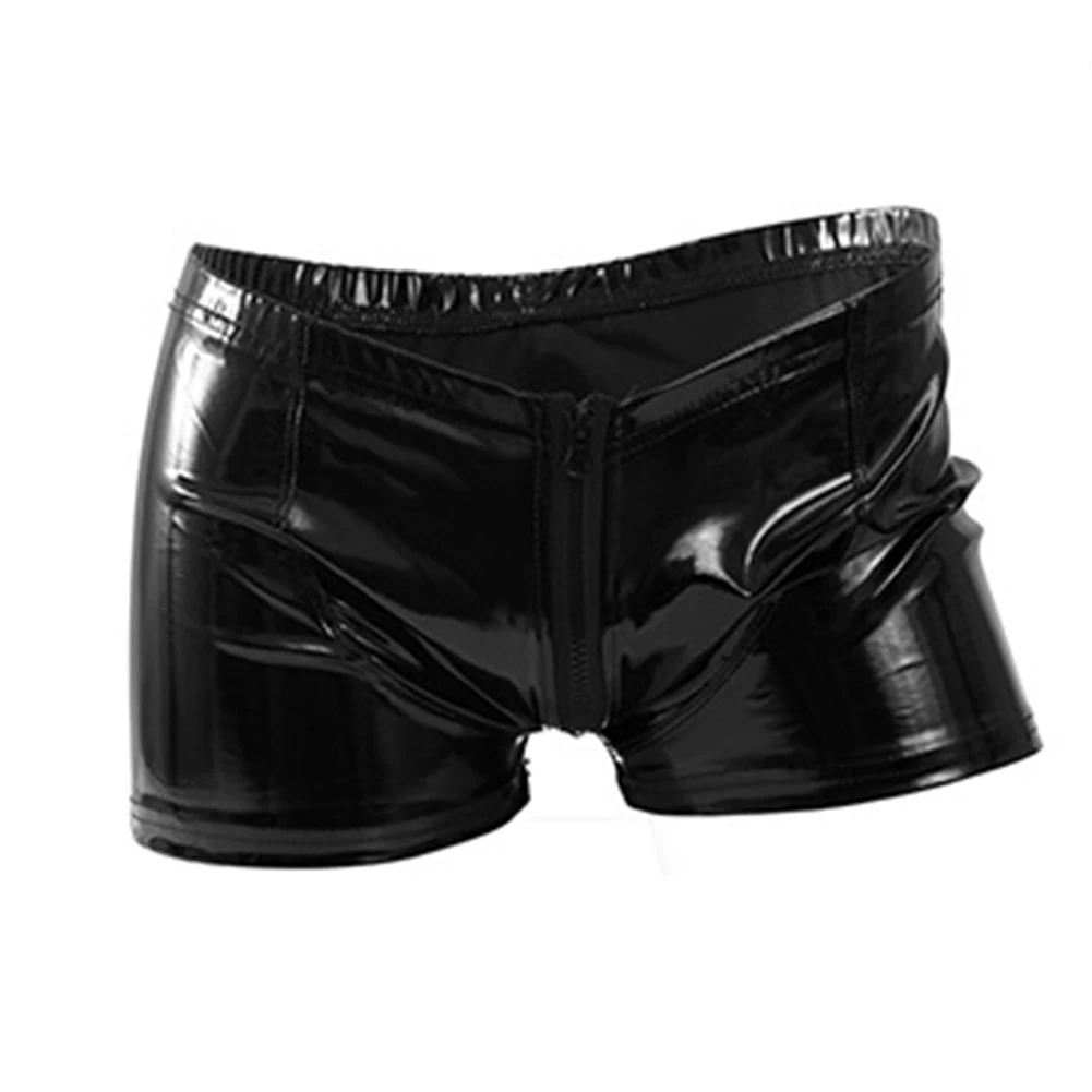 

Mens Lingerie Zipper Front Boxer Briefs Wet Look Patent Leather Shorts Underpants Nightclub Party Rave Bar Pole Dance Costume