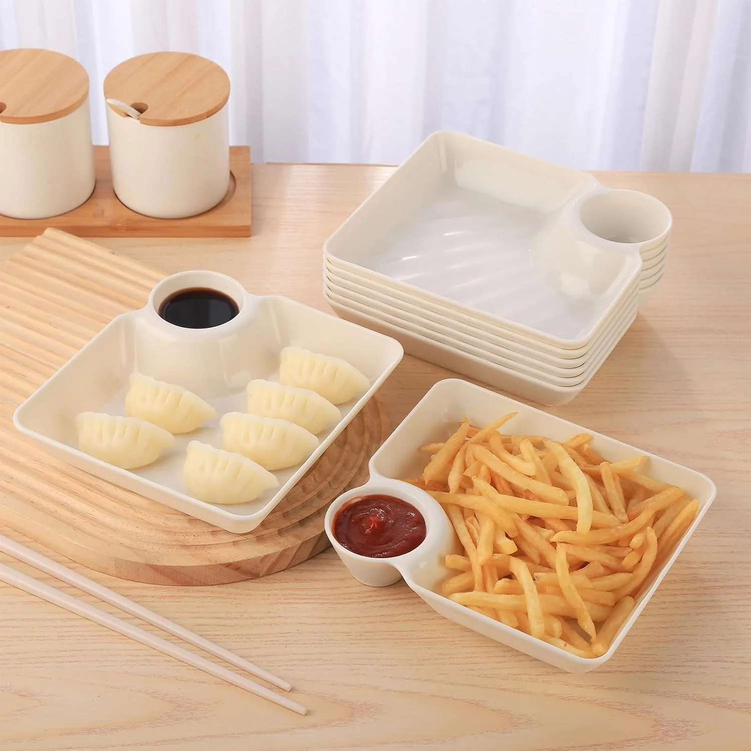 5pcs Chips and Salsa Serving Dish, White Reusable Chip and Dip Bowl Serving Dishes for Entertaining Plastic Dip Tray Plate with Dipping Sauce Compartment