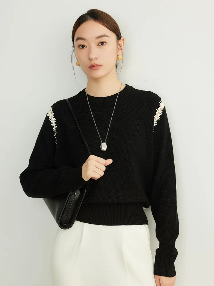 SuyaDream, Women Wool Pullovers, 32.4%Sheep Wool, Crochet lace, White Sweaters, 2024 Fall Winter Chic Top, Black