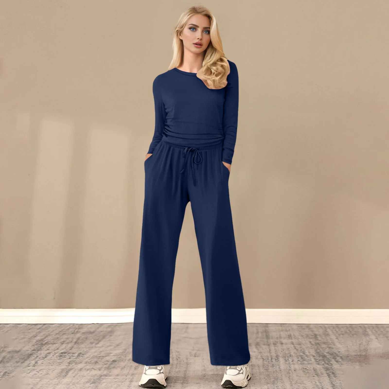 

Women'S Casual Set Two-Piece Solid Color Round Neck Asymmetrical Long Sleeved T-Shirt Wide Leg Pants Casual Sportswear 2025 New