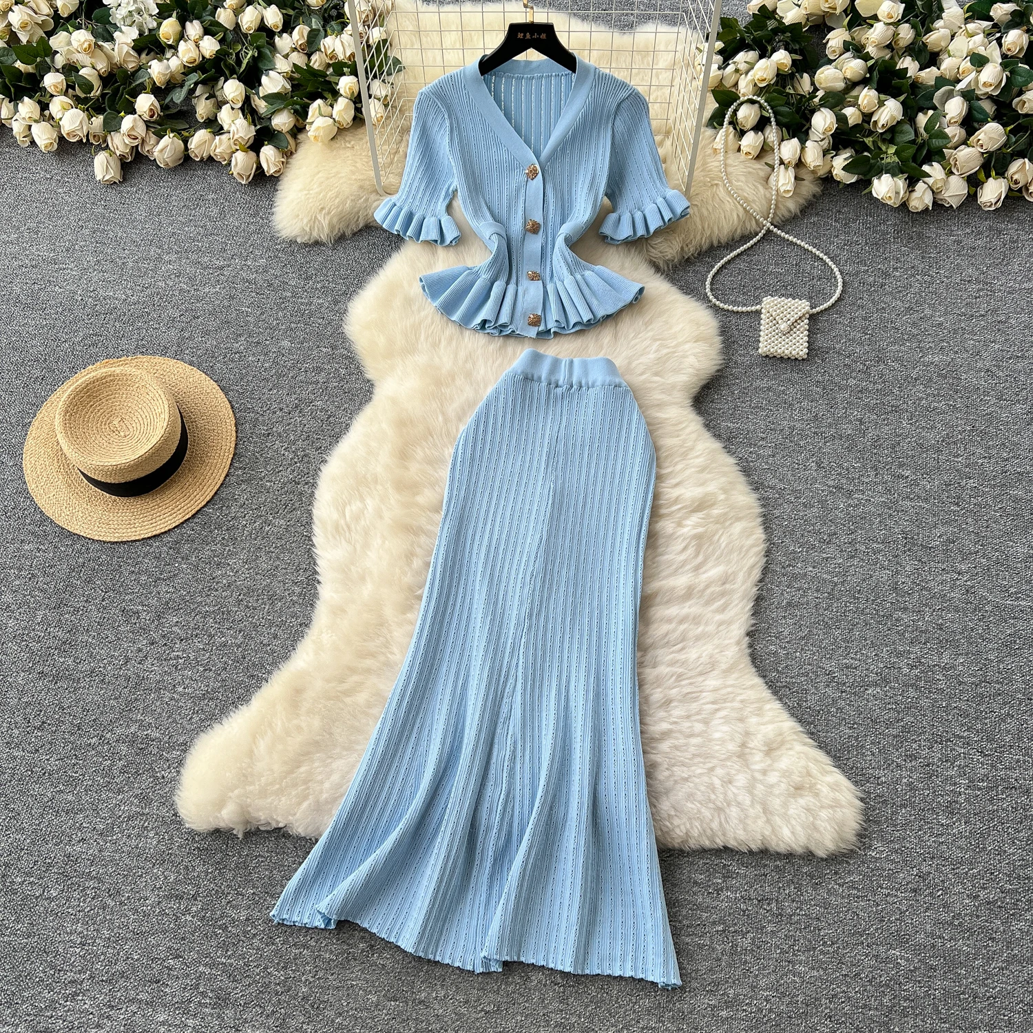 Elegant Knitted Skirt Sets Korean Fashion Ruffles Sweater and Midi Skirt Two Piece Set Women's Outfits Spring Summer Stylish