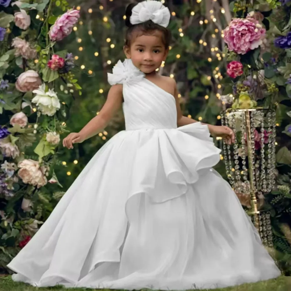

Elegant Flower Girl Wedding Dress Kids One Shoulder Sleeveless Pleat Baby Girls Birthday Party Prom Dress Holy Communion Gown