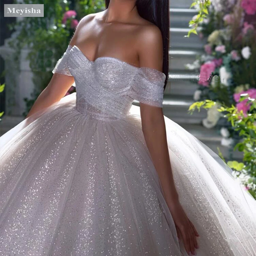 ZJ9360 Customized Glitter Tulle Wedding Dresses Off Shoulder Shiny Puffy Pleated Bridal Gowns Sparkly Pageant 2026 Bride Dress