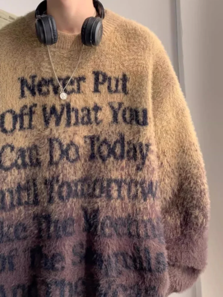 Man Letters Sweater 2025 Autumn Winter Men's Retro Sweater Crew Neck Couple Sweater Thickened Knitwear