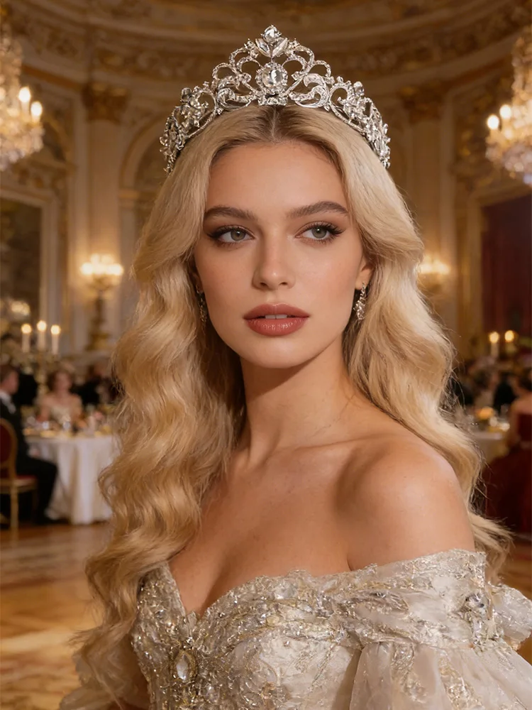 Vintage palace-style hollowed-out rhinestone alloy crown headwear, fully adorned with sparkling crystal accessories