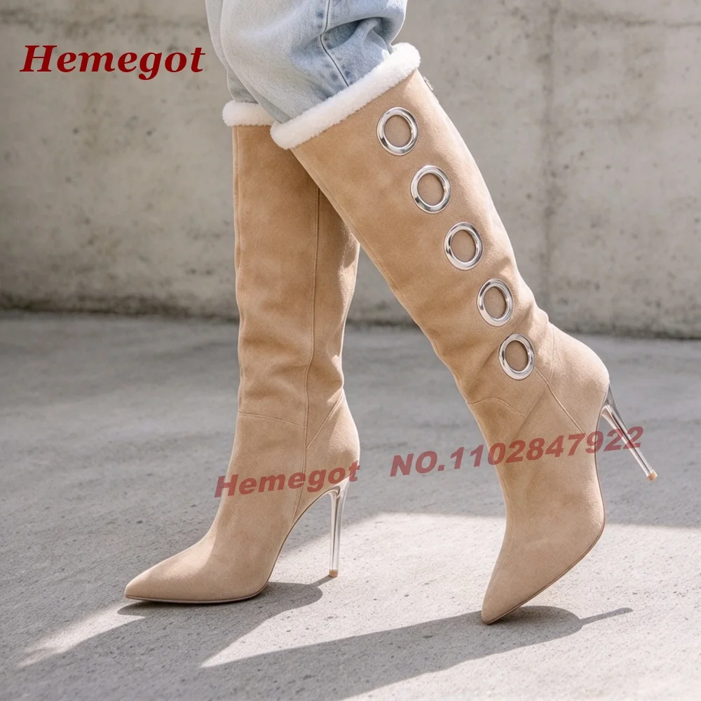 Beige Suede Knee High Boots Pointy Toe Fur Splicing Stiletto Heels Women's Boots Metal Eyelet Decoration Slip On Runway Shoes