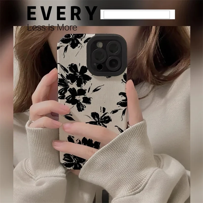 Retro Simple Ink Painting Flowers Case For iPhone 15 14 13 12 11 Pro Max 15 14plus 12 13Mini X XR XS Max 7 8Plus Soft Back Cover