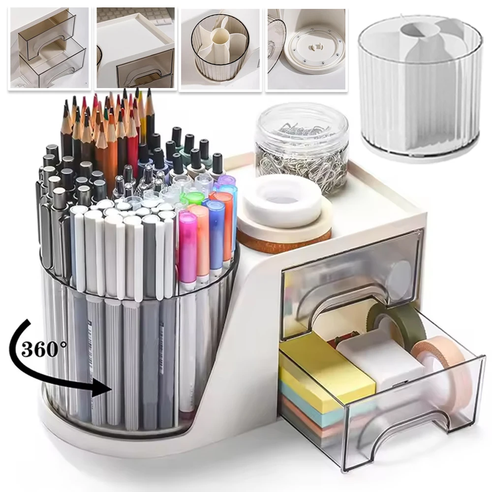 

360°Rotating Transparent Drawer Student Pen Holder Multifunctional Storage Box Detachable Bathroom Rack Desktop Makeup Organizer