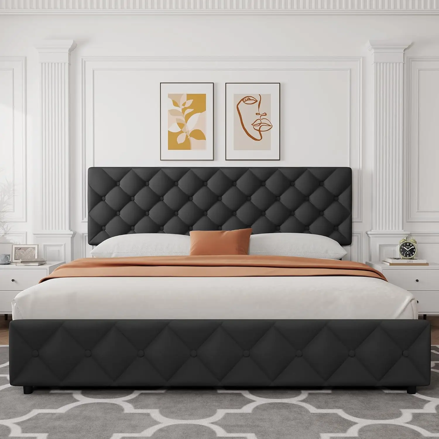 Estrutura de cama king size IDEALHOUSE com 4 gavetas de armazenamento, estrutura de cama de plataforma estofada em linho com cabeceira ajustável, Diamond S